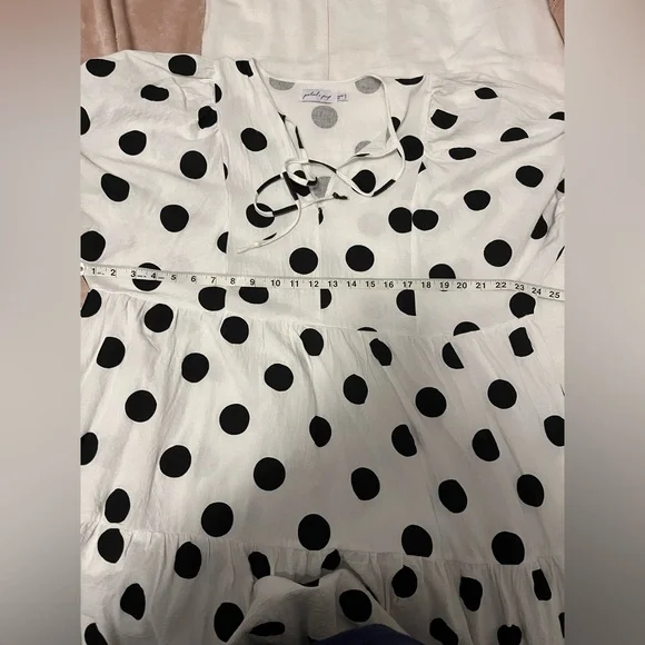 Petal & Pup Midi Tiered Skirt Flowy Polka Dot Puff Sleeve Tie Neck Tarnie Dress - Picture 7 of 11